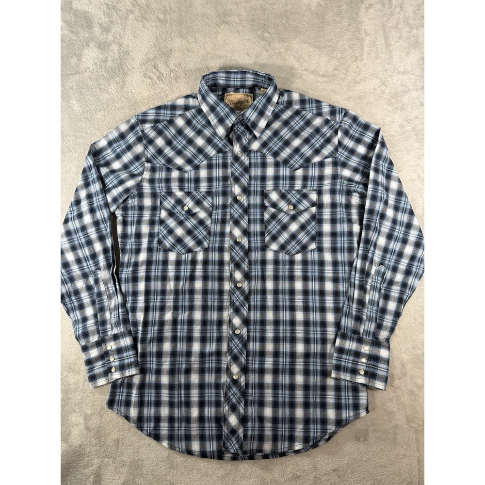 Wrangler Western Shirt Mens Medium Blue Black Plaid Pearl Snap Long Sleeve